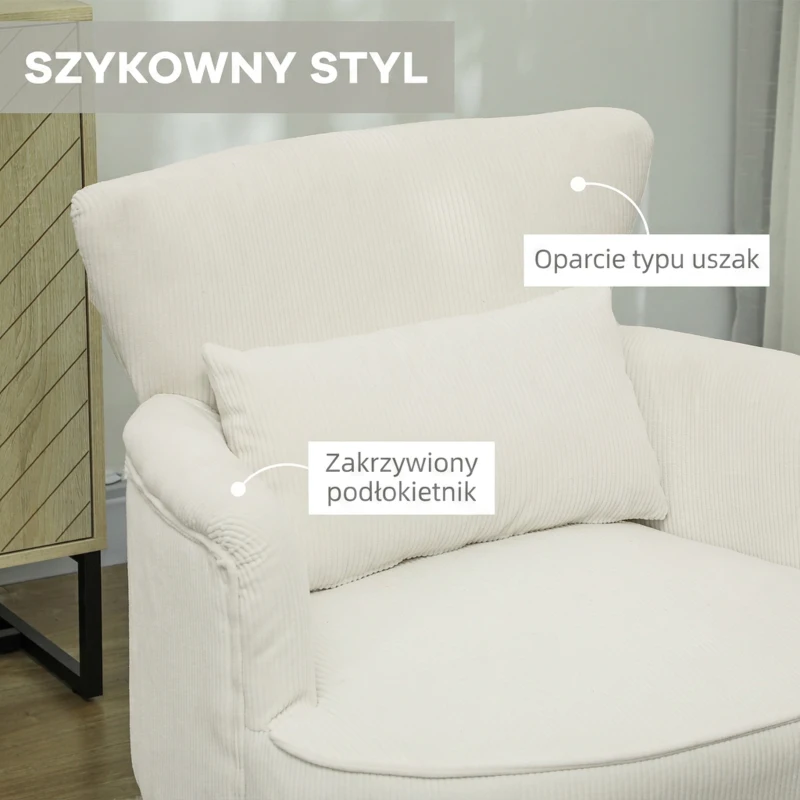 HOMCOM Nowoczesny Fotel z Podłokietnikami, Tapicerowany Akcentowy Fotel z Poduszką Lędźwiową, Nogi z Drewna Kauczukowego, Kremowy