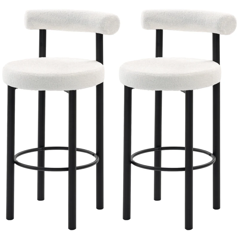 HOMCOM Lot de 2 tabourets de bar, chaises de bar en tissu bouclette avec dossier incurvé, repose-pieds, 50x52,5x98cm, blanc