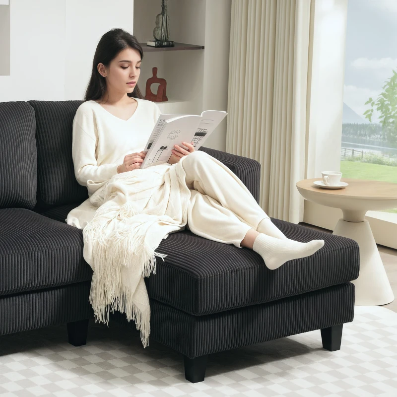 HOMCOM Canapé d'angle en velours côtelé 3 places avec méridienne et coussin à ressorts épais, largeur 214 cm, gris foncé