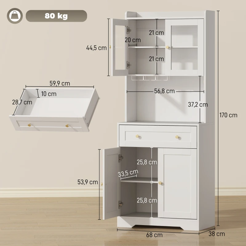 HOMCOM Keukenkast met werkblad, wijnglashouder, voorraadkast voor keuken, eetkamer, 170 cm, MDF, glas, wit(m-3)