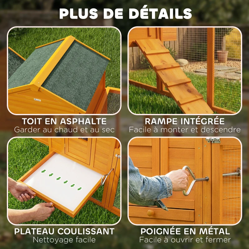 PawHut Poulailler en bois poulailler pour poules extérieur avec pondoir bac amovible en bois massif 297,5 x 68 x 118 cm orange