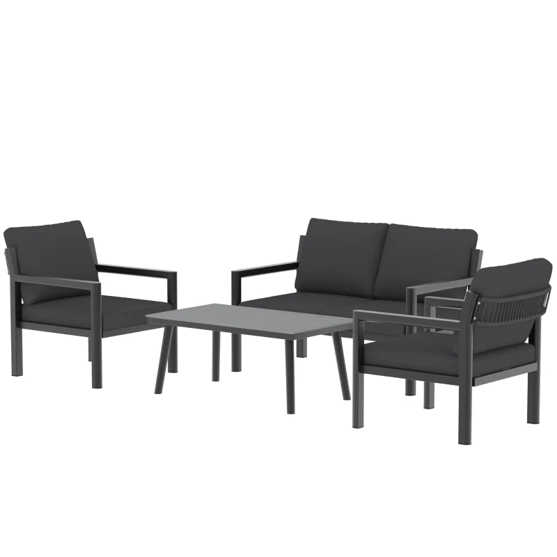 Outsunny 4 Seater Rattan Garden Furniture Set with 2 Armchairs, Loveseat, Coffee Table, Garden Sofa Set with Cushions, Dark Grey