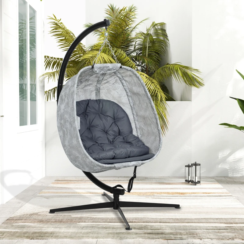 Outsunny Eivormige Hangstoel voor Buiten, Hangschommel met Standaard, Zitkussens Indoor Outdoor