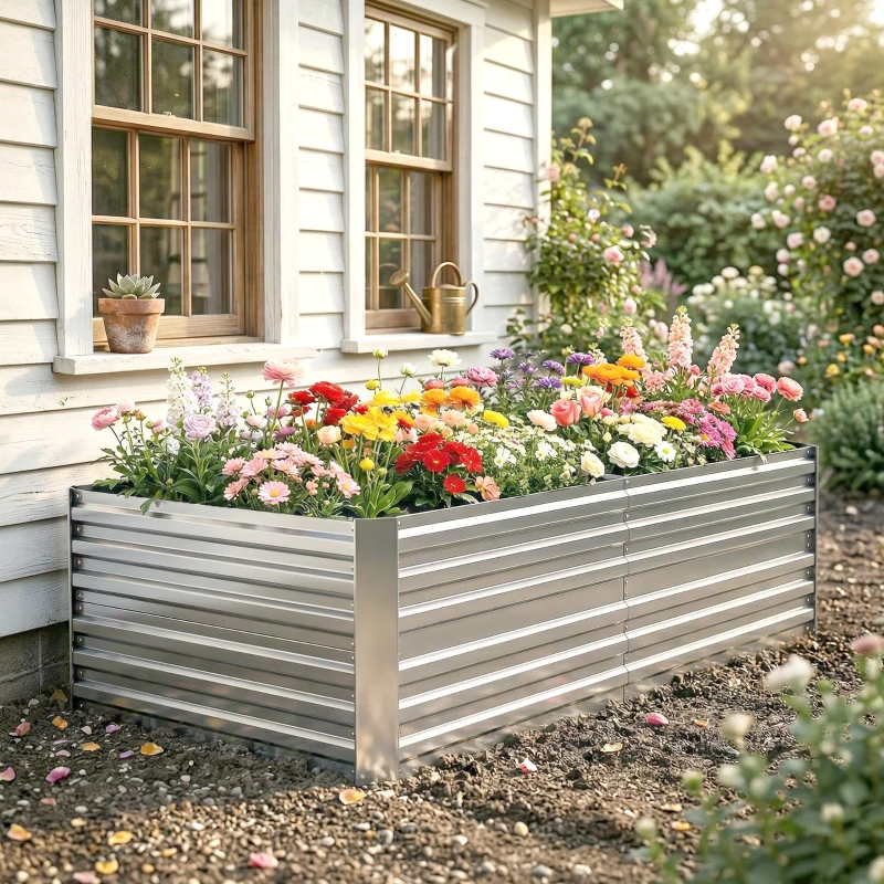 Outsunny Plantenbak, Handzaam Bloembed voor Planten, Koesteren en Verzorgen, Verhoogde Bed, Staal, Zilver