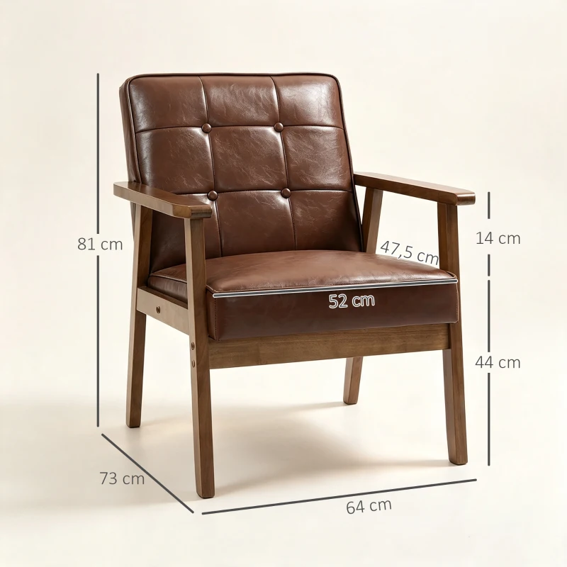 HOMCOM Fauteuil de salon, fauteuil de chambre en cuir synthétique, dossier capitonné, pieds en bois massif, 64x73x81cm, marron