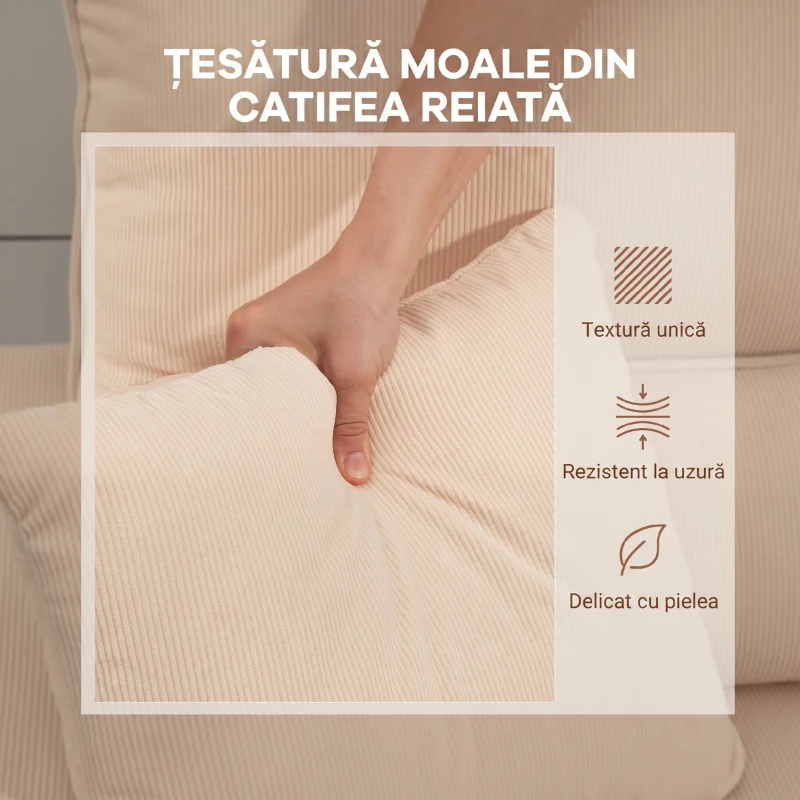 HOMCOM Canapea de Colț Convertibilă în Pat cu Spațiu de Depozitare, Acoperire în Catifea cu Coarde și Două Perni, 205x135x76 cm, Bej