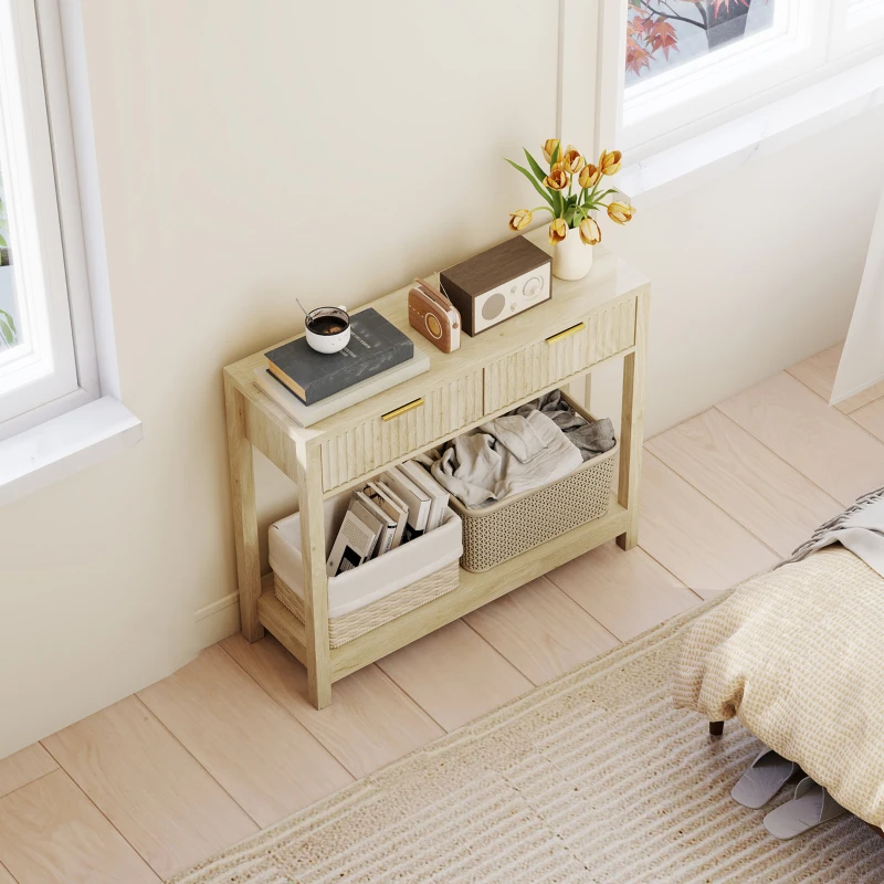 HOMCOM Console meuble 90 cm, table console étroite avec 2 tiroirs rainurés et étagère, style moderne, bois naturel