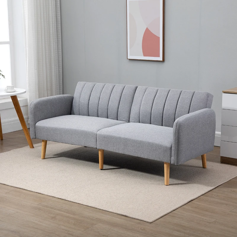 HOMCOM Slaapbank, 2-zits stoffen bank, bank met slaapfunctie, linnenachtig polyester, rubberhout, 173 x 75 x 73 cm, grijs(m-2)