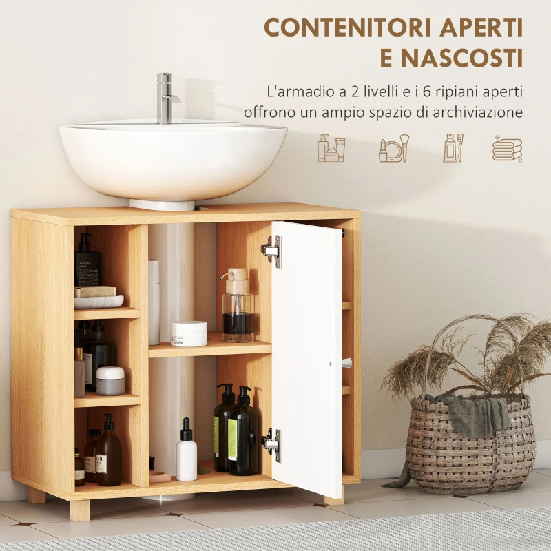 HOMCOM Mobile Sottolavabo Bagno con Armadietto a 2 Ante Soft-Close e 6 Ripiani Aperti, 60x33x57cm, Bianco