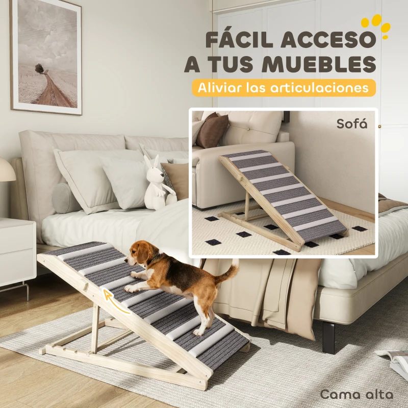 PawHut Rampa para Perros Plegable y Altura Ajustable 35-50 cm Rampa para Mascotas de Madera con Alfombrilla Antideslizante