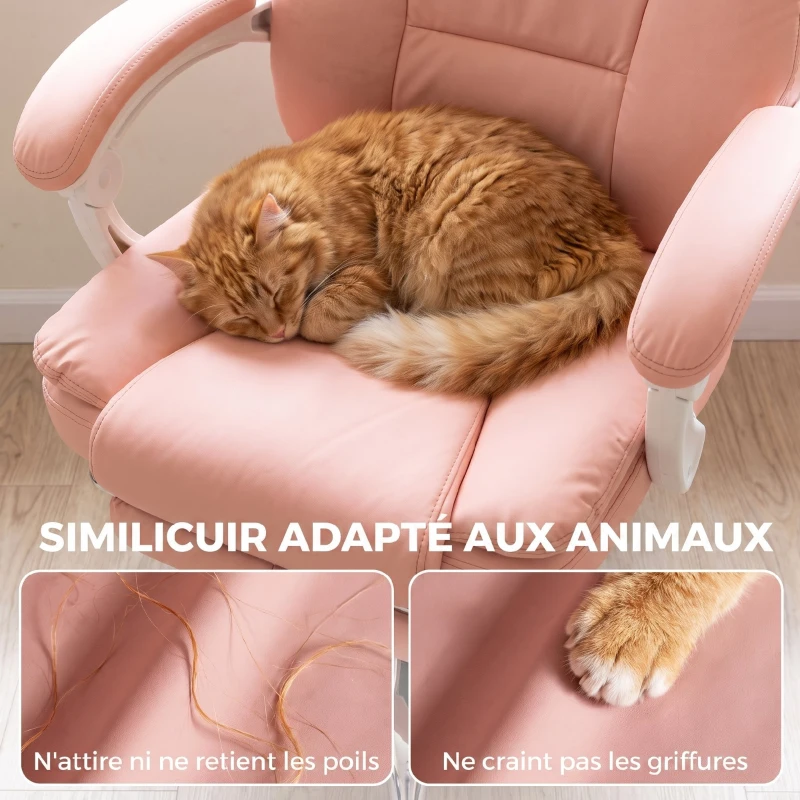 HOMCOM Chaise Bureau Ergonomique, Fauteuil de Bureau Inclinable en Cuir Synthétique Adapté aux Animaux, Hauteur Réglable, Rose