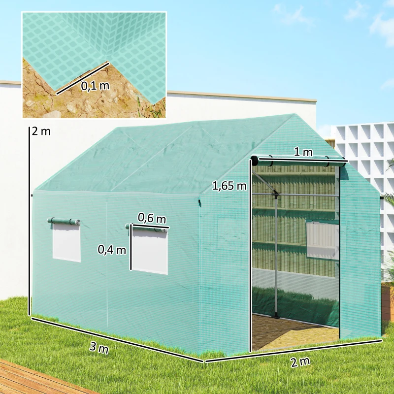 Outsunny Serre de jardin tunnel 2 x 3m, 6m² avec porte enroulable, 4 fenêtres, - Acier galvanisé PE Haute densité Vert