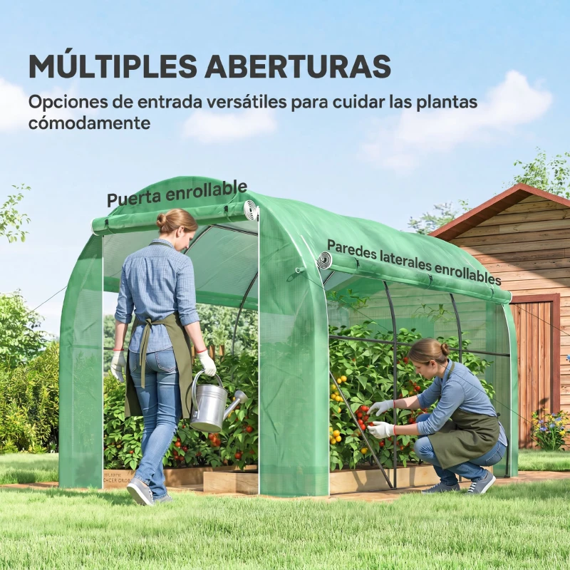 Outsunny Invernadero de Túnel 296x196x200 cm Invernadero de Jardín con 3 Puertas y 6 Ventanas Marco de Acero Galvanizado Verde