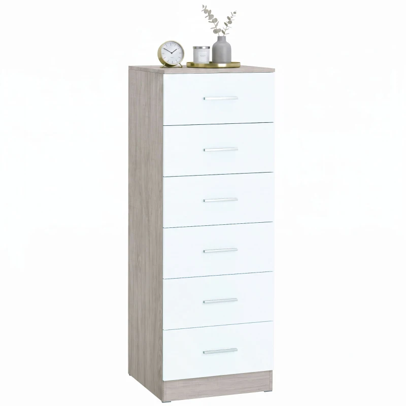 HOMCOM Comodă cu 6 sertare Comodă înaltă pentru dormitor cu sistem anti-răsturnare 40x40x110 cm Gri deschis și Alb