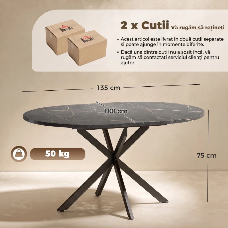 HOMCOM Masă de Sufragerie Extensibilă pentru 4-6 Persoane cu Picior în Formă de X, Negru
