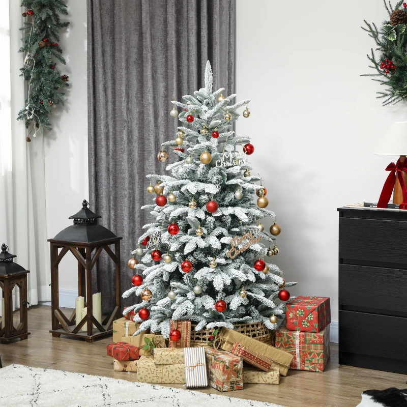 HOMCOM 5 ft Artificial Flocked Christmas Tree with 717 Branches, Hinged Xmas Tree with Foldable Metal Stand, Easy Assembly for Home Office Decor