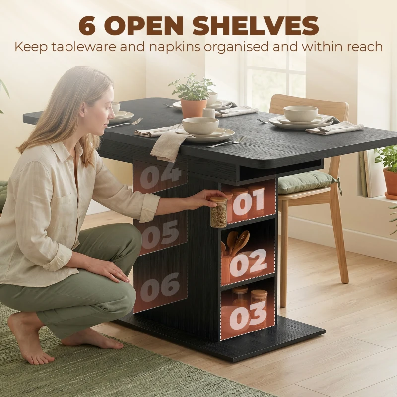 HOMCOM Extendable Dining Table for 4-6 People, 110-130cm Kitchen Table with 6 Open Shelves, Black