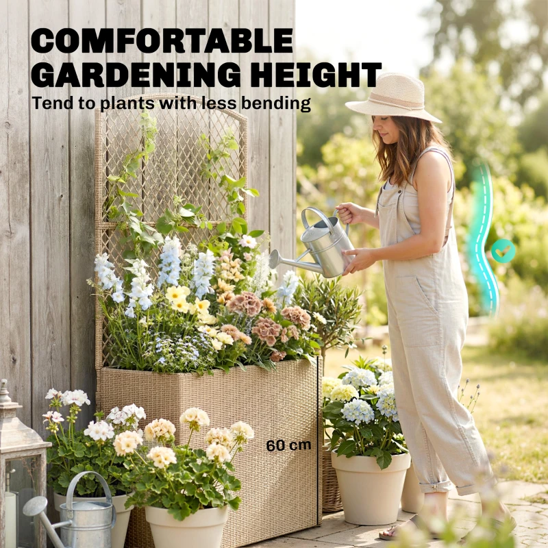 Outsunny Rattan Planter with Trellis, Raised Beds for Garden with Liner for Climbing Plants Vegetables Flowers, Light Grey