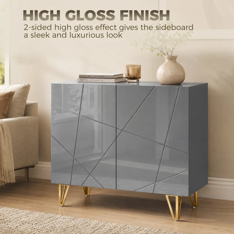 HOMCOM Modern Luxe High Gloss Sideboard, with Hairpin Legs - Grey