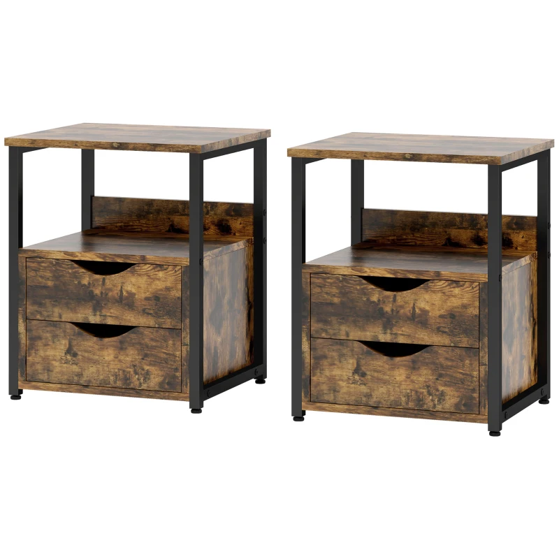 HOMCOM Industrial Side Table Set of 2, Sofa Table with Drawer, Bedside Cabinet with Storage Shelf, Slim Nightstand for Living Room, Bedroom, Rustic Brown
