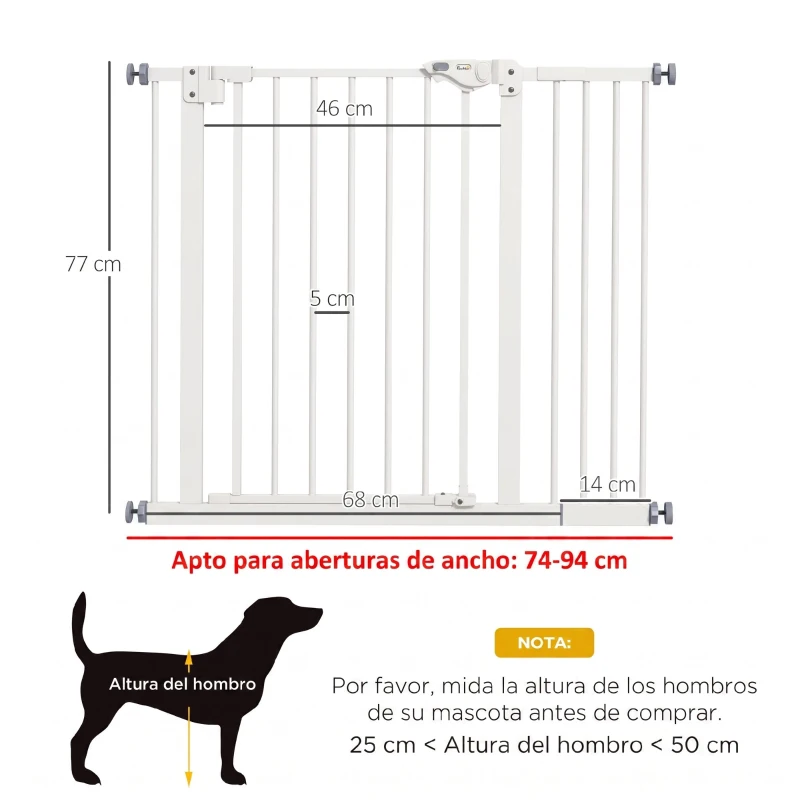 PawHut Barrera de Seguridad para Perros 74-94 cm con Extensión Montaje a Presión y Doble Bloqueo Blanco