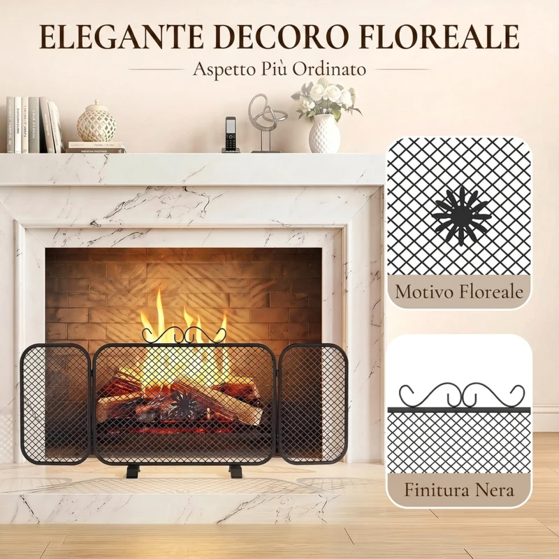 HOMCOM Parascintille Camino Pieghevole a 3 Pannelli in Metallo con Base Rimovibile, 90x16x40 cm, Nero