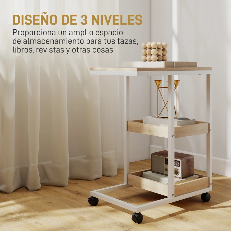 HOMCOM Mesa Auxiliar en Forma de C con Ruedas Estantes Abiertos y Marco de Acero para Salón Dormitorio 51x33x66cm Natural y Blanco