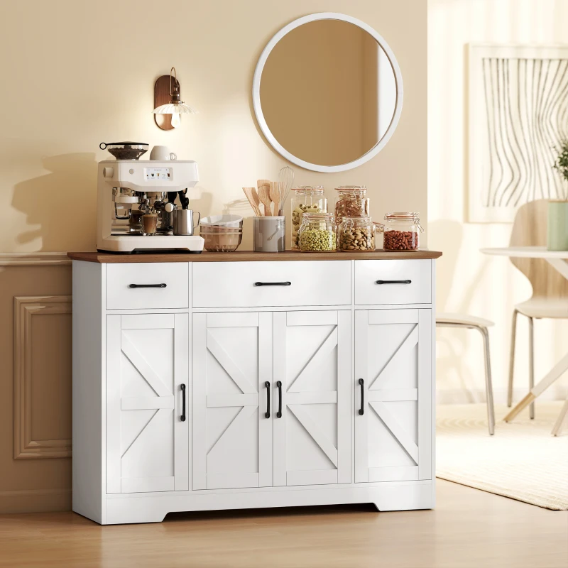 HOMCOM Aparador de Cocina Rústico 4 Estantes de Puerta Estantes Ajustables 3 Cajones 120x38x87 cm Blanco y Nogal
