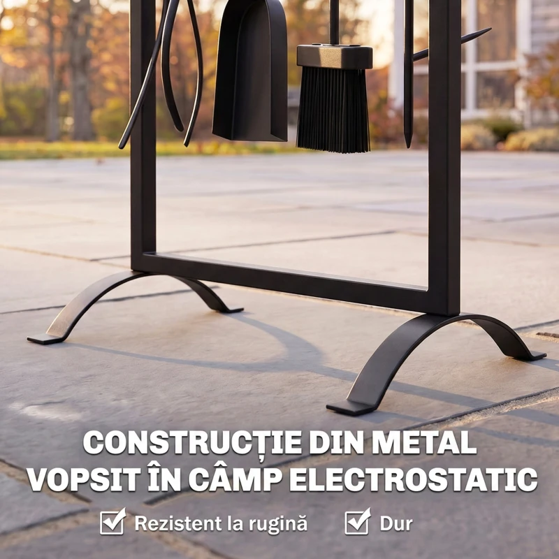 Outsunny Set pentru Șemineu din Metal, 6 Piese, cu Geantă, Perie, Lopățică, Vătrai, Clește și Suport, Negru