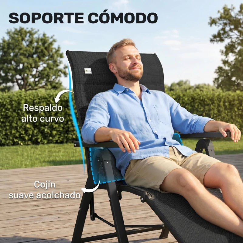 Outsunny Silla Reclinable Plegable de Jardín con Respaldo Ajustable en 9 Posiciones y Cojín Lumbar 70x65x111 cm Negro