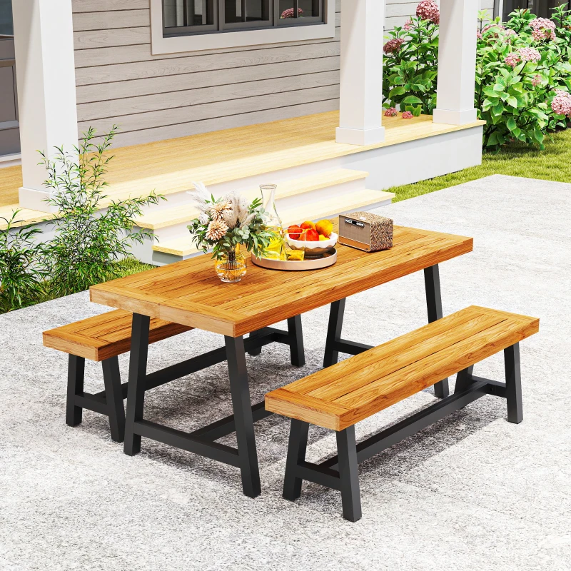 Outsunny Sitzgruppe 3-teilig Holz Essgruppe für 4 Personen Esstisch mit 2 Bänke Teak