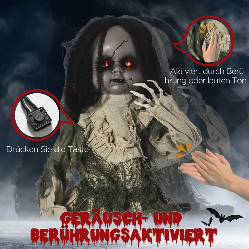 Outsunny Halloween-decoratie van 83 cm Bewegende spookpop met speciale effecten en geluidsfunctie, rode ogen met kroonluchters, gemotoriseerde wielen, horrorpop