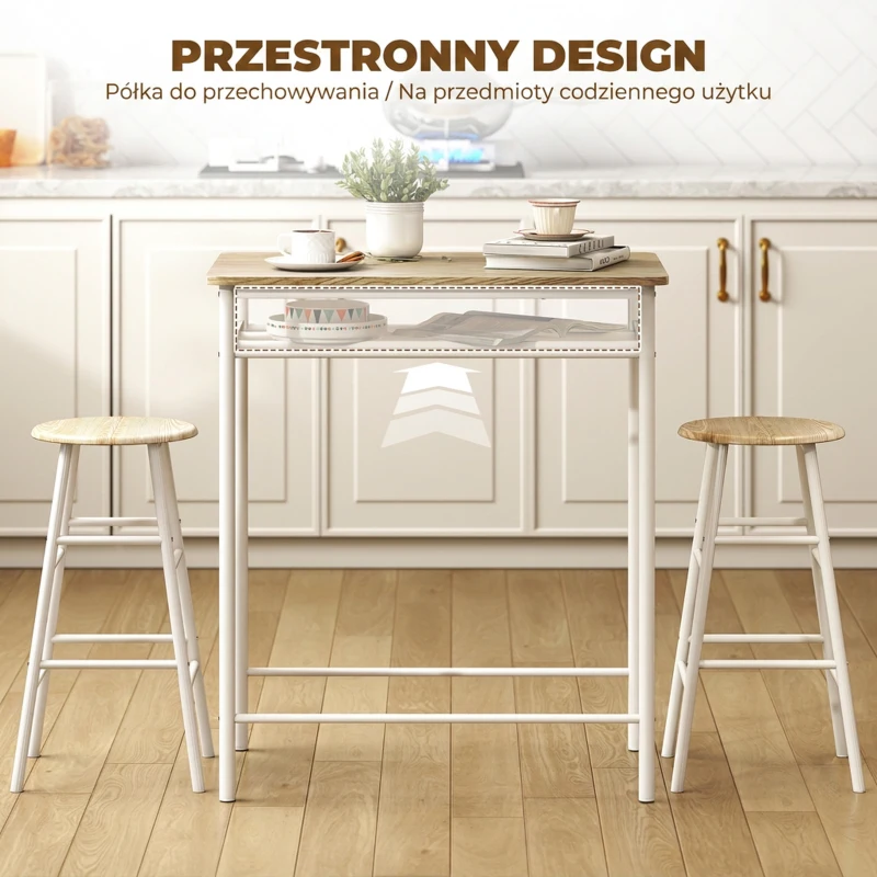 HOMCOM Zestaw stół barowy ze stołkami, stół kuchenny z krzesłami, wysoki stół, stołki barowe, stal kolor: biały + dębowy