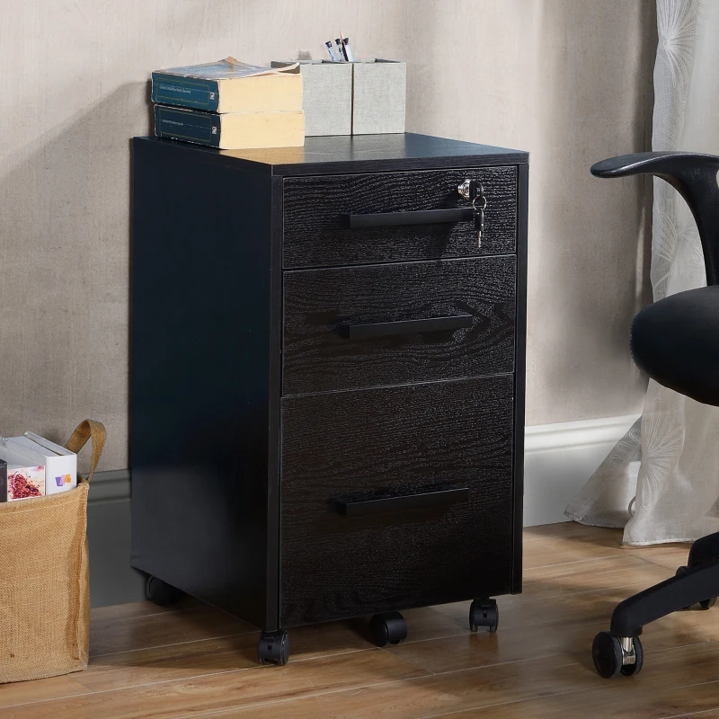HOMCOM Caisson de bureau rangement bureau sur roulettes 3 tiroirs 1 verrouillable 1 trieur à dossiers MDF panneaux particules noir