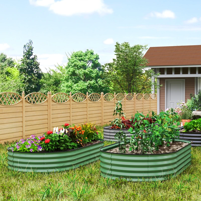 Outsunny 2-delige set verhoogde bedden voor tuin, outdoor-plantenbak met open bodem, rubberen rand, metaal, 181 x 93 x 30 cm, Groen