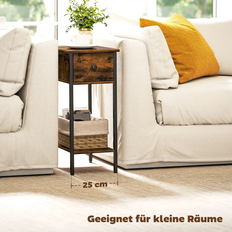 HOMCOM Bijzettafel met open vak en lade, nachttafel, metalen poten, hout, bruin