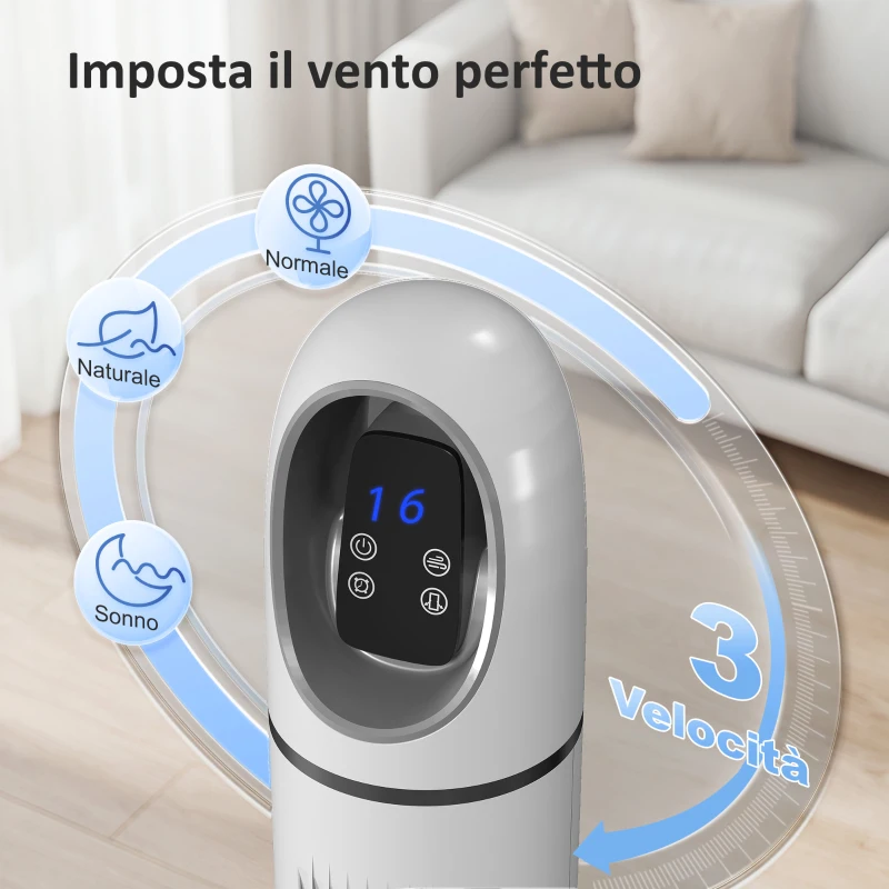 HOMCOM Ventilatore a Torre per Camera da Letto, Ventilatore da Pavimento Oscillante a 70°, 4 Modalità, 3 Velocità, Timer 24 Ore, Bianco