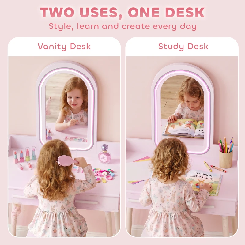 AIYAPLAY make-uppset voor meisjes met kruk, acrylspiegel, 3-kleurige LED, 2 lades, 3-8 jaar, Roze