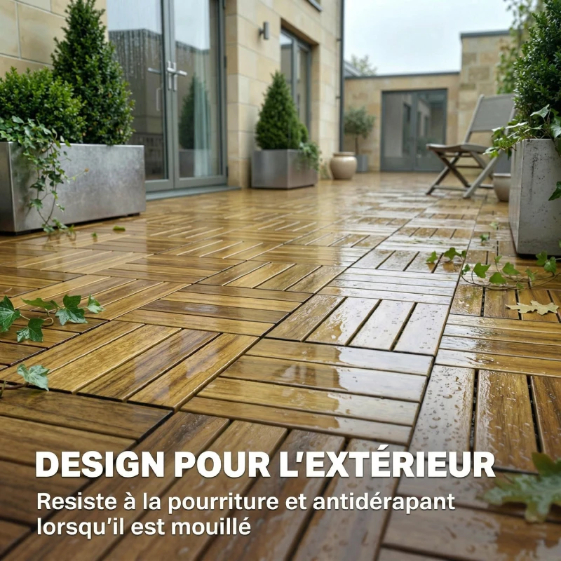 Outsunny Lot de 10 Caillebotis en Bois, Dalles Clipsables, Antidérapant, Résistants à Pourriture, Dalle Terrasse 31x31cm, Naturel