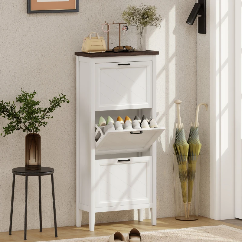 HOMCOM Meuble à chaussures 18 paires, armoire à chaussures étroite avec 3 tiroirs rabattables et étagères réglables, blanc