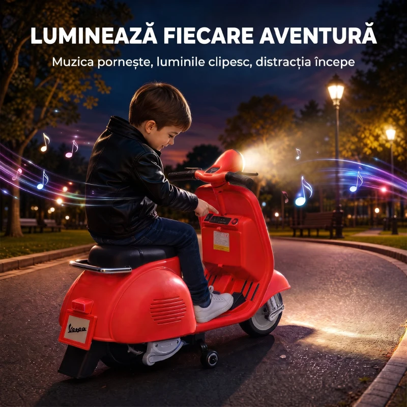 AIYAPLAY Motocicletă Electrică pentru Copii 3+ Ani, licență VESPA, 6V, cu roți ajutătoare detașabile, max. 30 kg, Roșu