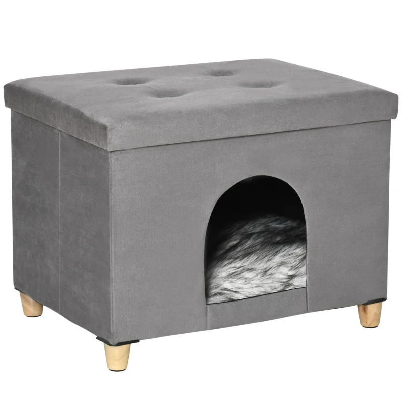 PawHut Niche chat maison de chat design surélevé avec coussin amoviable et lavable en peluche doux repose-pieds, dessus ouvrable, gris