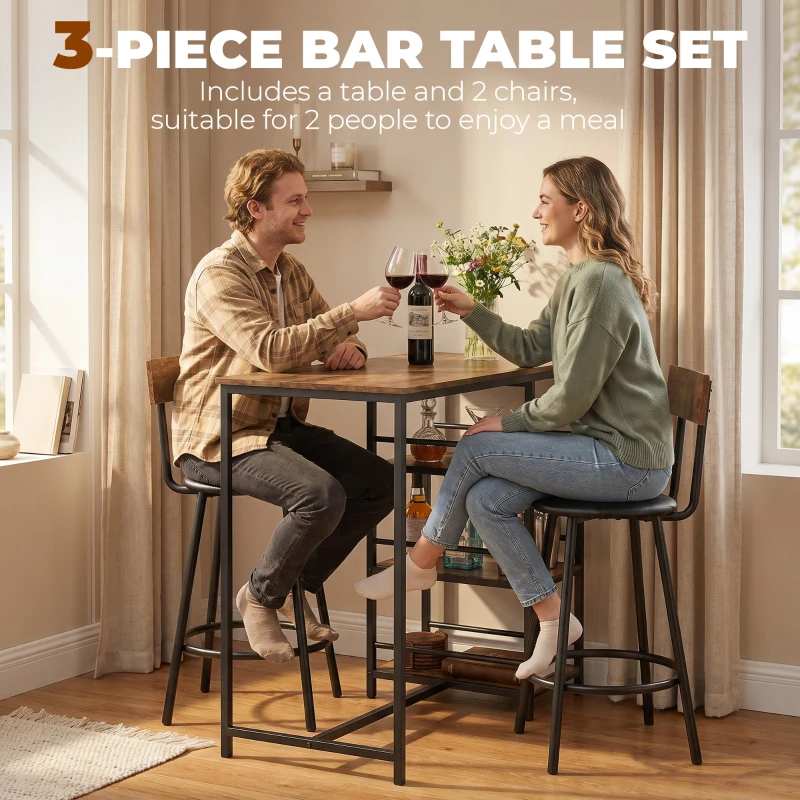 HOMCOM Space Saving Bar Table and PU Leather Stools for 2, 3 Piece Breakfast Bar Table Set with Storage Shelves, Rustic Brown