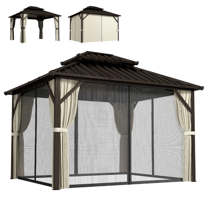 Outsunny 3x3.6 m Hardtop Gazebo Canopy with UPF50+ Double Galvanised Steel Roof, Aluminium Garden Gazebo Permanent Pavilion, Brown