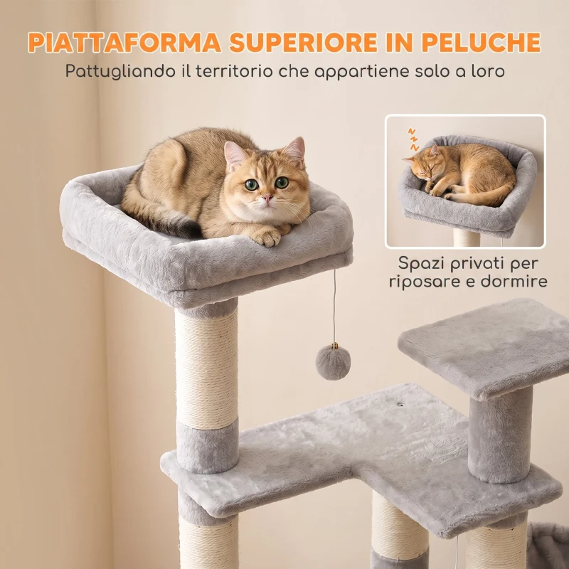 PawHut Albero Tiragraffi Multilivello 152 cm con 4 Pali per Gatti da Interno, Grigio Chiaro