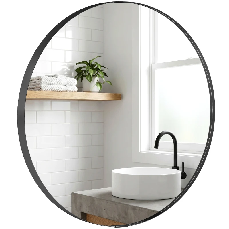 HOMCOM Round Wall Mirror 61 cm, Wall Mounted Bathroom Mirror with Tempered Safety Glass and Aluminium Alloy Frame, Black