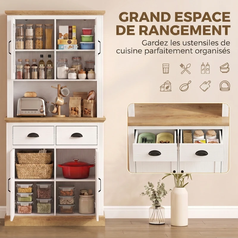 HOMCOM Buffet Haut Cuisine, Armoire Cuisine, 4 Portes dont 2 en Verre, 2 Tiroirs, Plan de Travail, Étagères Réglables, Blanc