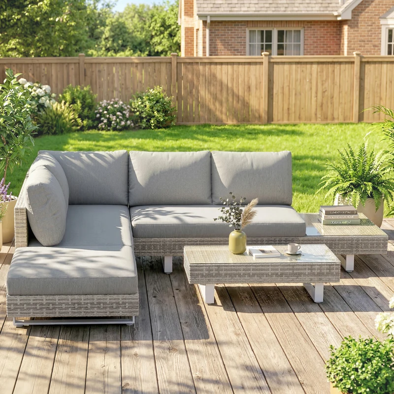 Outsunny Conjunto de Jardín Exterior de Ratán de 3 Piezas con Sofá Modular de 3 y 2 Plazas Mesa Lateral Mesa de Centro Cojines