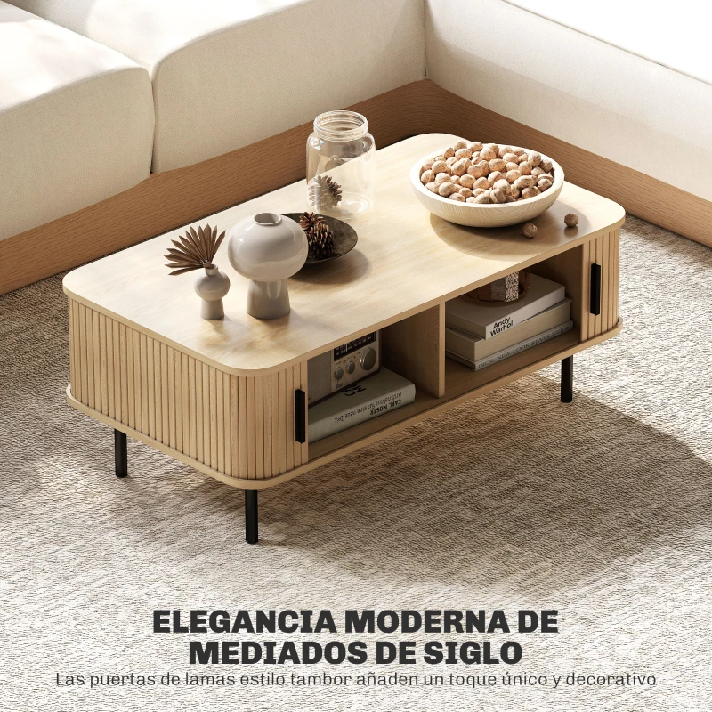 HOMCOM Mesa de Centro con 2 Puertas Tipo Persiana 2 Compartimientos y Patas de Acero para Sala de Estar 100x55x40 cm Roble