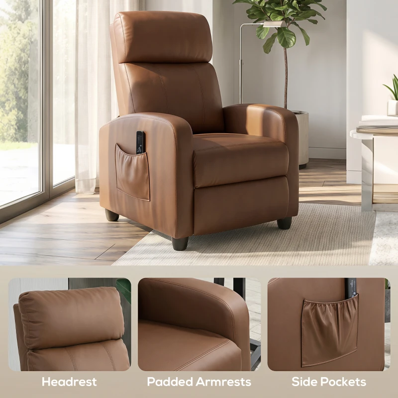HOMCOM Recliner Armchair, Massage Faux Leather Push Back Reclining Chair with Adjustable Leg Rest, Side Pocket, Dark Brown